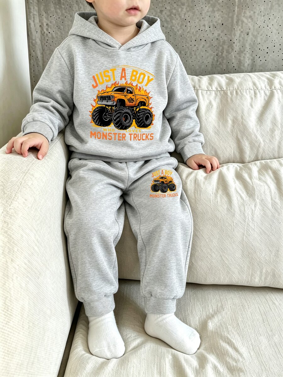 Boys' Flame Truck Car Print Gray Hooded Sweatshirt And Sweatpants Two-Piece Set Casual Sports Basic Daily College Style Spring Autumn Winter 4y-7y - Grey - View 1