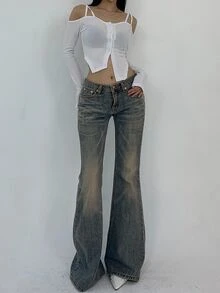 Livesso Petite Women's Casual Versatile Flare Leg Denim Jeans With Pockets - Blue - View 4