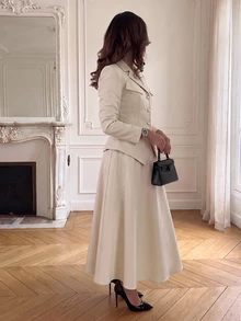 Modelyn Women's French Style Waist-Cinched Lapel Blazer & Flared Midi Skirt 2-Piece Set, Elegant Commuter Solid Color Outfit - Apricot - View 2