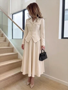 Modelyn Women's French Style Waist-Cinched Lapel Blazer & Flared Midi Skirt 2-Piece Set, Elegant Commuter Solid Color Outfit - Apricot - View 6