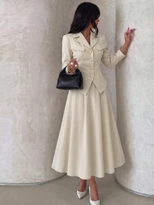 Modelyn Women's French Style Waist-Cinched Lapel Blazer & Flared Midi Skirt 2-Piece Set, Elegant Commuter Solid Color Outfit - Apricot - View 4