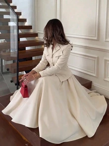Modelyn Women's French Style Waist-Cinched Lapel Blazer & Flared Midi Skirt 2-Piece Set, Elegant Commuter Solid Color Outfit - Apricot - View 1