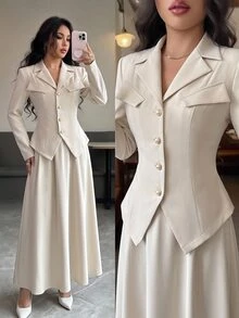Modelyn Women's French Style Waist-Cinched Lapel Blazer & Flared Midi Skirt 2-Piece Set, Elegant Commuter Solid Color Outfit - Apricot - View 5