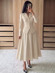 Modelyn Women's French Style Waist-Cinched Lapel Blazer & Flared Midi Skirt 2-Piece Set, Elegant Commuter Solid Color Outfit - Apricot - View 3
