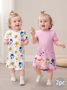 BABY SHARK X SHEIN 2pcs/Set Cute Style Baby Girl Homewear, Round Neck Short Sleeve Comfortable Nightgown Dress, Multi-Piece Set - Multicolor - View 3