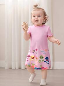 BABY SHARK X SHEIN 2pcs/Set Cute Style Baby Girl Homewear, Round Neck Short Sleeve Comfortable Nightgown Dress, Multi-Piece Set - Multicolor - View 4