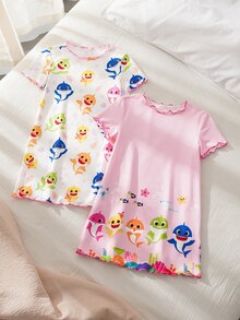 BABY SHARK X SHEIN 2pcs/Set Cute Style Baby Girl Homewear, Round Neck Short Sleeve Comfortable Nightgown Dress, Multi-Piece Set - Multicolor - View 1