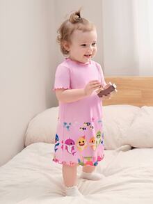 BABY SHARK X SHEIN 2pcs/Set Cute Style Baby Girl Homewear, Round Neck Short Sleeve Comfortable Nightgown Dress, Multi-Piece Set - Multicolor - View 5