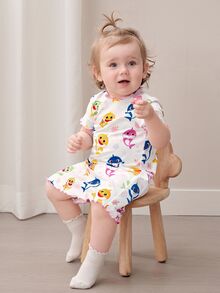 BABY SHARK X SHEIN 2pcs/Set Cute Style Baby Girl Homewear, Round Neck Short Sleeve Comfortable Nightgown Dress, Multi-Piece Set - Multicolor - View 7