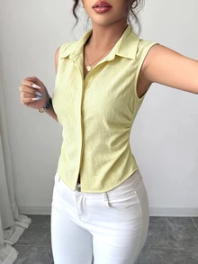 Elenzga 女款大尺碼夏季 1 件裝 翻領無袖收腰不對稱下擺顯瘦通勤優雅丹寧風無袖襯衫 - 淡黃色 - 查看 5