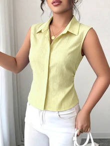 Elenzga 女款大尺碼夏季 1 件裝 翻領無袖收腰不對稱下擺顯瘦通勤優雅丹寧風無袖襯衫 - 淡黃色 - 查看 4
