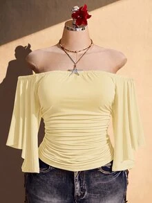 SHEIN ICON Women's Plus Size Solid Color Ruched Off Shoulder Top - Light Yellow - View 8