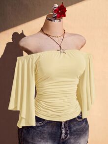 SHEIN ICON Women's Plus Size Solid Color Ruched Off Shoulder Top - Light Yellow - View 10