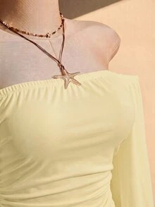 SHEIN ICON Women's Plus Size Solid Color Ruched Off Shoulder Top - Light Yellow - View 7