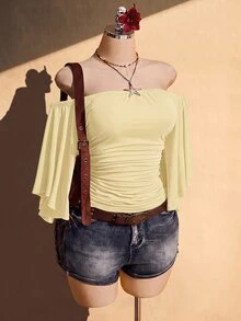 SHEIN ICON Women's Plus Size Solid Color Ruched Off Shoulder Top - Light Yellow - View 5