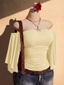 SHEIN ICON Women's Plus Size Solid Color Ruched Off Shoulder Top - Light Yellow - View 4