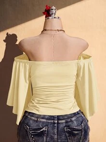 SHEIN ICON Women's Plus Size Solid Color Ruched Off Shoulder Top - Light Yellow - View 2