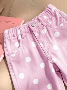 SHEIN Vintaside Kids 女嬰牛仔長褲，冬季，柔軟，棉質，休閒，彈性腰頭，紫色波點印花布料，寬鬆直筒版型，水洗牛仔，派對 - 彩色 - 查看 4