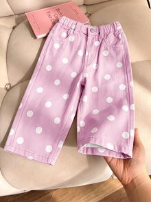 SHEIN Vintaside Kids 女嬰牛仔長褲，冬季，柔軟，棉質，休閒，彈性腰頭，紫色波點印花布料，寬鬆直筒版型，水洗牛仔，派對 - 彩色 - 查看 3