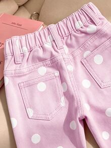 SHEIN Vintaside Kids 女嬰牛仔長褲，冬季，柔軟，棉質，休閒，彈性腰頭，紫色波點印花布料，寬鬆直筒版型，水洗牛仔，派對 - 彩色 - 查看 5