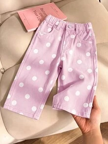 SHEIN Vintaside Kids 女嬰牛仔長褲，冬季，柔軟，棉質，休閒，彈性腰頭，紫色波點印花布料，寬鬆直筒版型，水洗牛仔，派對 - 彩色 - 查看 1