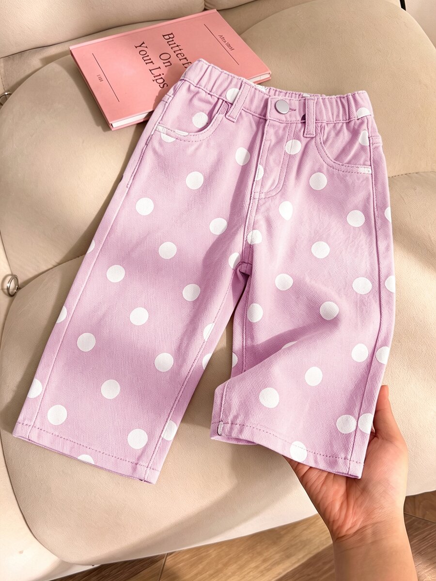 SHEIN Vintaside Kids 女嬰牛仔長褲,冬季,柔軟,棉質,休閒,彈性腰頭,紫色波點印花布料,寬鬆直筒版型,水洗牛仔,派對 - 彩色 - 查看 1