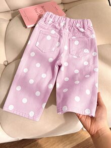 SHEIN Vintaside Kids 女嬰牛仔長褲，冬季，柔軟，棉質，休閒，彈性腰頭，紫色波點印花布料，寬鬆直筒版型，水洗牛仔，派對 - 彩色 - 查看 2
