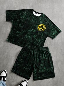 PAVTROS Plus Size Men's Letter Print Short Sleeve Crew Neck T-Shirt And Shorts 2 Pieces Set - Yellow - View 2