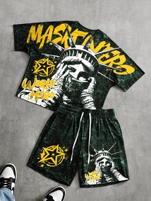 PAVTROS Plus Size Men's Letter Print Short Sleeve Crew Neck T-Shirt And Shorts 2 Pieces Set - Yellow - View 1