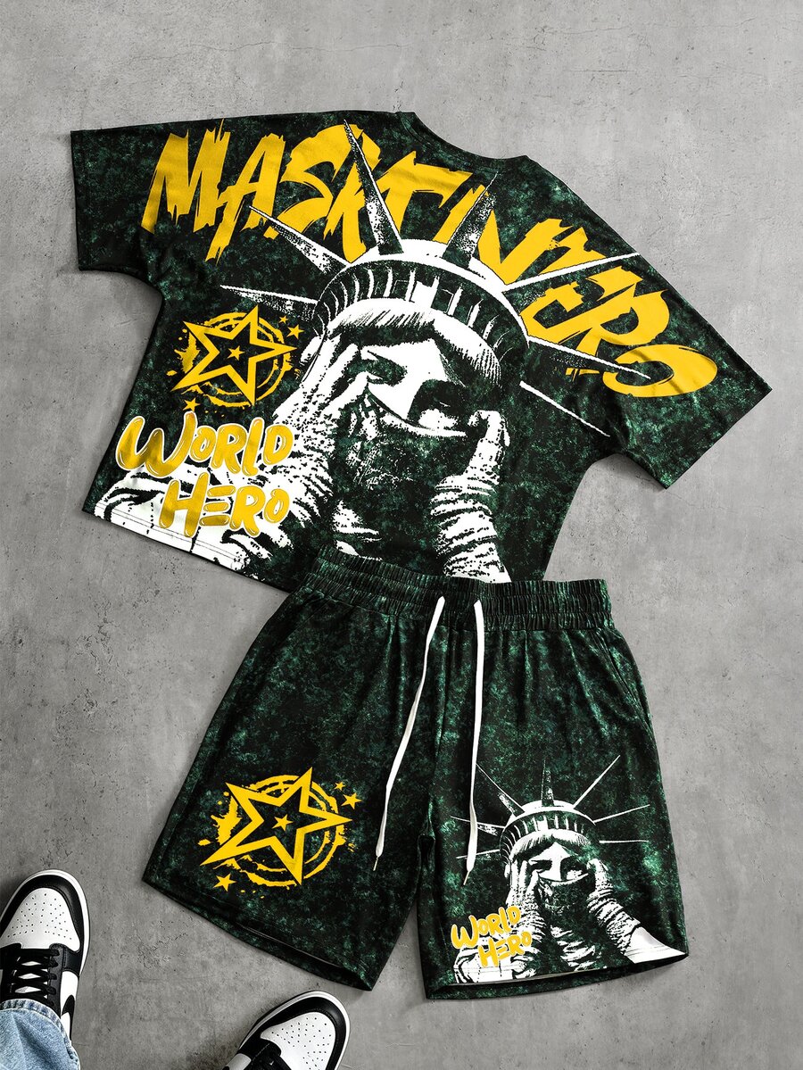 PAVTROS Plus Size Men's Letter Print Short Sleeve Crew Neck T-Shirt And Shorts 2 Pieces Set - Yellow - View 1