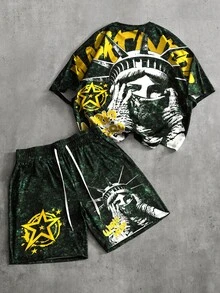 PAVTROS Plus Size Men's Letter Print Short Sleeve Crew Neck T-Shirt And Shorts 2 Pieces Set - Yellow - View 8