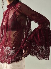 SoleilVie Women's Elegant Burgundy Sheer Lace Top,Mandarin Collar Raglan Sleeve Blouse,Autumn Night Out Dark Red Tops For Winter - Burgundy - View 3