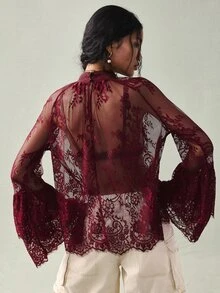 SoleilVie Women's Elegant Burgundy Sheer Lace Top,Mandarin Collar Raglan Sleeve Blouse,Autumn Night Out Dark Red Tops For Winter - Burgundy - View 2