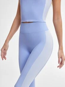 Eassivo Eassivo Women Solid Color Splice Simple Fitted Seamless High Elastic Yoga Set - Blue - View 6