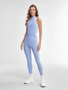 Eassivo Eassivo Women Solid Color Splice Simple Fitted Seamless High Elastic Yoga Set - Blue - View 4