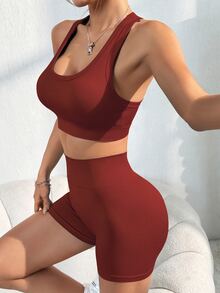 Eassivo Eassivo 2 件套女士纯色圆领短款背心和高腰短裤运动休闲运动服套装适合农历新年健身女士套装 - 酒紅色 - 查看 7
