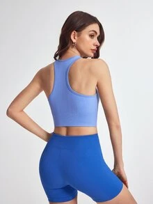 Eassivo Eassivo Women Solid Color Raglan Sleeve Seamless Sports T-Shirtworkout Tank Top - Blue - View 2