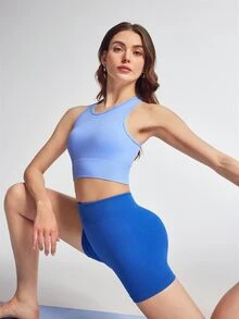 Eassivo Eassivo Women Solid Color Raglan Sleeve Seamless Sports T-Shirtworkout Tank Top - Blue - View 5