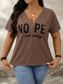 SHEIN LUNE Plus Size Brown Letter Print V-Neck Short Sleeve T-Shirt With Half Zip Club Formal Summer Casual - Brown - View 3