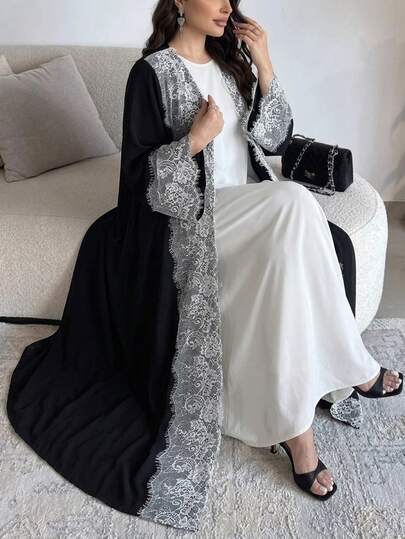 Al Najma Lace Patchwork Black Contrast Long Sleeve Maxi Dress Loose Elegant Elegant Vintage Versatile Fashion Plus Size Abaya