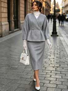 Balvessa Setelan Wanita Warna Polos Elegan Kasual Kancing Depan Lengan Mengembang (Jaket dan Rok) 2 Potong, Untuk Musim Gugur/Dingin - Grey - View 3