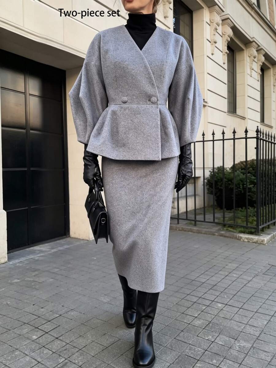 Balvessa 女款純色優雅休閒鈕扣前襟泡泡袖外套與裙子兩件套,秋冬款 - 灰色 - 查看 1