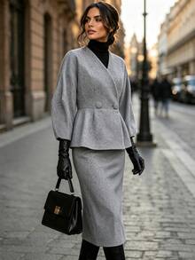 Balvessa Setelan Wanita Warna Polos Elegan Kasual Kancing Depan Lengan Mengembang (Jaket dan Rok) 2 Potong, Untuk Musim Gugur/Dingin - Grey - View 7