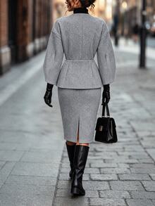 Balvessa Setelan Wanita Warna Polos Elegan Kasual Kancing Depan Lengan Mengembang (Jaket dan Rok) 2 Potong, Untuk Musim Gugur/Dingin - Grey - View 2