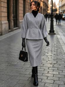 Balvessa Setelan Wanita Warna Polos Elegan Kasual Kancing Depan Lengan Mengembang (Jaket dan Rok) 2 Potong, Untuk Musim Gugur/Dingin - Grey - View 1