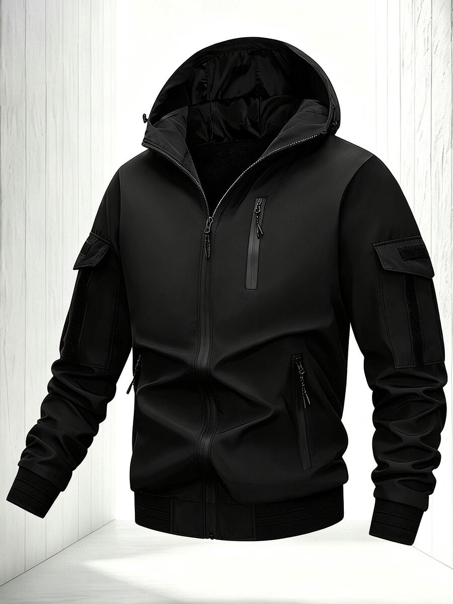 Manfinity Homme 男士純色拉鍊連帽休閒外套,百搭日常穿著 - 黑色 - 查看 1