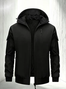 Manfinity Homme 男士純色拉鍊連帽休閒外套，百搭日常穿著 - 黑色 - 查看 2