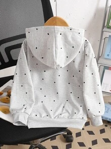 SHEIN 女童時尚連帽抽繩黑白波點字母印花拉鍊運動衫，萬聖節秋季風格聖誕冬季秋季款 - 淺灰色 - 查看 2