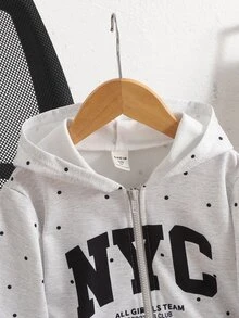 SHEIN 女童時尚連帽抽繩黑白波點字母印花拉鍊運動衫，萬聖節秋季風格聖誕冬季秋季款 - 淺灰色 - 查看 3