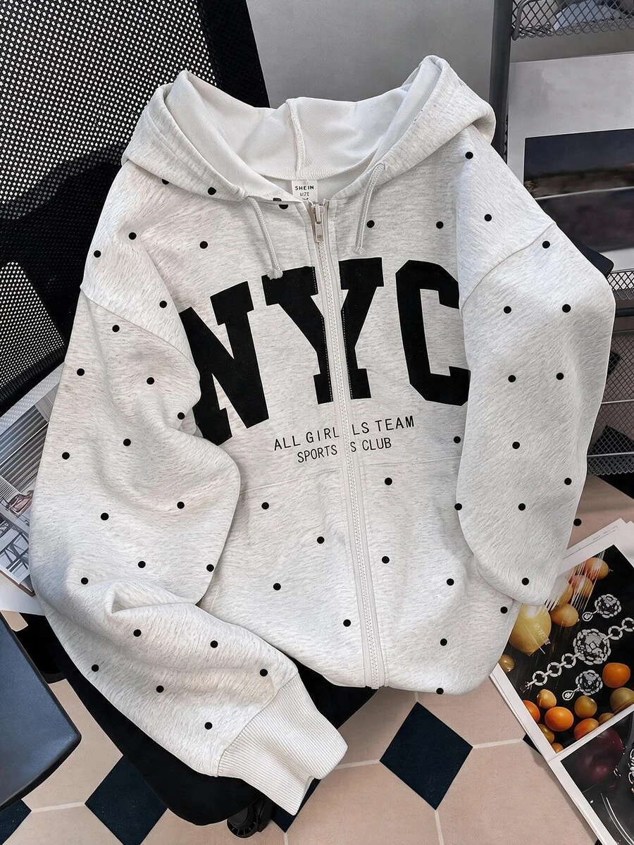 SHEIN 女童時尚連帽抽繩黑白波點字母印花拉鍊運動衫，萬聖節秋季風格聖誕冬季秋季款 - 淺灰色 - 查看 1